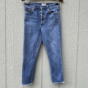 Agolde Jeans Womens 27 Blue Medium Wash Button Fly 90s Raw Hem Stretchy USA Made - Picture 1 of 18