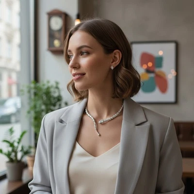 Women Silver Color Metal Wrap Around Cobra Snake Bling Short Necklace + Earrings - Image 1 of 4