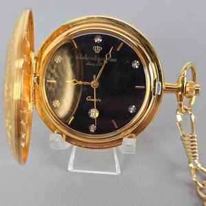 Jules Jurgensen goldfarbenes schwarzes Zifferblatt Quarz verzierte Taschenuhr Uhr Kette - Bild 1 von 8