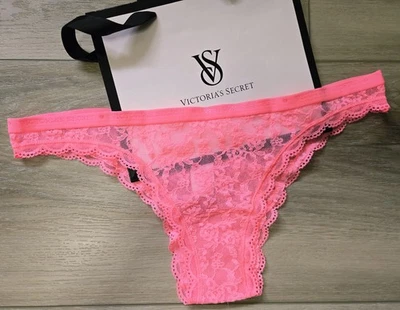 Mini calcinha nova com etiquetas vintage Victoria's Secret coral assinatura cintura renda transparente Itsy M - Imagem 1 de 3