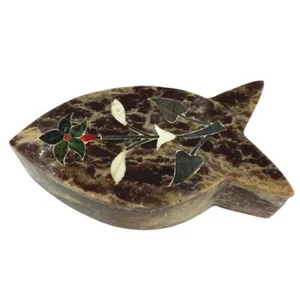 Vintage Fischform Speckstein Schmuckschatulle Blumenintarsien 5” x 1,5” Hergestellt in Indien - Bild 1 von 7