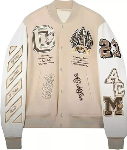 OFF WHITE Giacca uomo AC Millan Off White Letterman Varsity lana con maniche in pelle