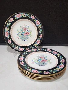 SET OF 6- CROWN STAFFORDSHIRE ENGLAND FAMILLE NOIR ENAMEL FLORAL DINNER PLATES - Picture 1 of 11