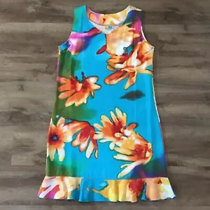 VTG Sun Dress Size M Floral Hawaiian Flowers Bright Colorful Multicolor Wed Blue - Picture 1 of 8