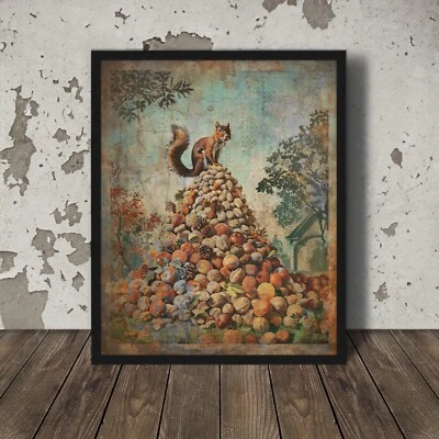 Vintage SQUIRREL Wall Art, Mixed Nut Food Kitchen Decor, Acorn Pet Rodent Poster - Image 1 of 4