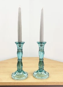 Candle Holders Set of 2 Blue Glass Vintage Large 8" Tapered Stick Wedding Table - Picture 1 of 5