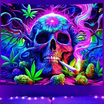 Blacklight Calavera Tapiz Extra Grande UV Reactivo Pared Colgante Arte Decoración del Hogar Foto 1 de 4