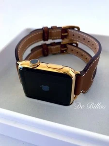24K Gold Plated 44MM Apple Watch Series 6 with Leather Etoupe Double Buckle Cuff - Picture 1 of 11