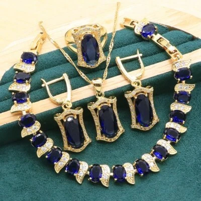 GoldColor Jewelry Sets RoyalBlue Crystal Bracelet Earrings Necklace Pendant Ring - Image 1 of 4