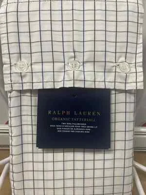 RALPH LAUREN ORGANIC TATTERSALL 2 KING SIZE PILLOWCASES COLOR NAVY/WHITE NEW - Image 1 of 4