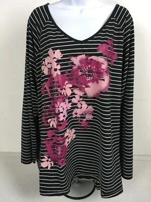 JMS by Hanes Womens Top Size 5X Black Pink Floral Stripe V neck Long Sleeves - Image 1 of 4