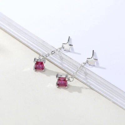 925 Silber Ohrstecker mit Anhänger Zirkonia Pink Quadratisch Damen Ohrringe - Bild 1 von 4