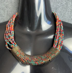 Vintage Multicolour Microbead Choker Length Necklace with Wire Coil Boho Gypsy - Picture 1 of 10
