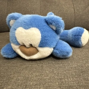 MORNING GLORY BEAR BLUE PLUSH BROWN HEART NOSE LYING 12"-Rare! - Picture 1 of 8