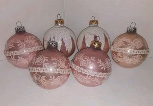 Vintage Krebs Pink Glass Christmas Ornaments Lace Victorian Balls Set Of 6 - Picture 1 of 7