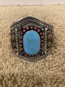 Bracciale vintage pesante largo turchese boho tedesco costume braccialetto - Foto 1 di 4