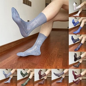 Mens Jacquard Ultra Thin Crew Socks See Through Dress Socks Business Tube Style - Picture 1 of 69