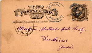 Minnesota Wadena 1882 negative U Killer Postkarte. - Bild 1 von 1