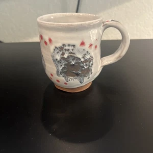 Handmade Studio Pottery Sea Shells Blue White Glaze Stoneware Signed Coffee Mug - Picture 1 of 6