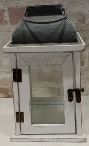 Farmhouse Rustic B&M White Wood Metal Lantern Pillar Candle Holder 23.5cm Shabby - Picture 1 of 12