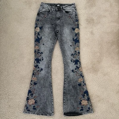 Venus 女式花卉刺绣喇叭牛仔裤灰色水洗 Y2K 90 年代波西米亚 8 码 — 第 1/4 张图片