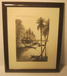 Fabelhafte Tuschezeichnung Insel Strandszene mit Booten, Hütten & Menschen SIGNIERT datiert 1982 - Bild 1 von 4