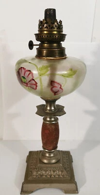 ANCIENNE LAMPE A PÉTROLE EN VERRE PEINT – COLONNE EN MARBRE – ANTIQUE OIL LAMP - Photo 1/4