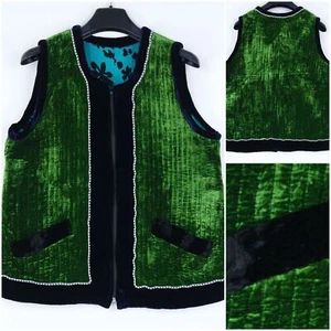 Womens Velvet Waistcoat Large Size US 10 EU 40 Vintage Green Padded Vest - Picture 1 of 9