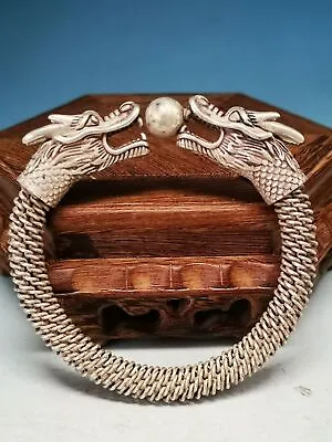 .Impressive Old Tibetan Miao Silver Copper Handmade Dragon Heads Bracelet G01 • 25.28$