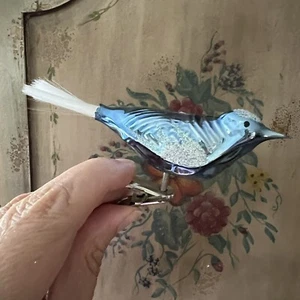 Perched Songbird on Clip with Tail. Blown Glass Ornament Blue - Picture 1 of 24