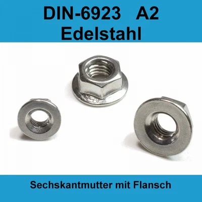M6 DIN 6923 A2 V2A Edelstahl Sechskantmuttern mit Flansch Bund Muttern - Bild 1 von 3