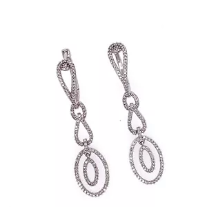 Orecchini goccia ovali aperti pendenti pavè di diamanti taglio tondo 0,60 ct oro bianco 14 kt - Foto 1 di 3