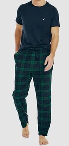 $70 Nautica Men Blue Green Shirt Plaid Pants Lounge Pajama Set Sleepwear Size M - Picture 1 of 2