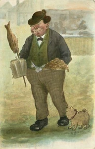 Postcard Fat Man With Smoked Fish Beer Steins Sausages & Dog 327 A/S Huber - Picture 1 of 2
