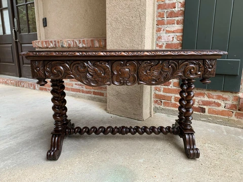 Antique French Oak Office Library Desk Sofa Table Barley Twist Louis XIII Cover