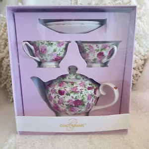 Grace Teaware Fine Porcelain 5 Piece Tea Set Red Pink Roses Gold Trim New In Box - Picture 1 of 8