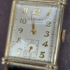 Vintage Waltham 19j 10k Gold Filled Case Mechanical Mens Watch Black Leather - Bild 1 von 10