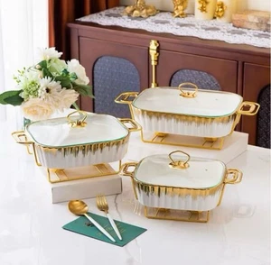 Set of 3 Luxury Chafing Dishes for Buffet Rectangular White & Gold Food Warmer - Picture 1 of 5