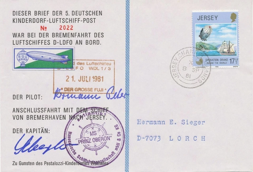 JERSEY 1981 combined Balloon Post / Ship Post Cover for Pestalozzi Kinderdorf - Image 1 of 1