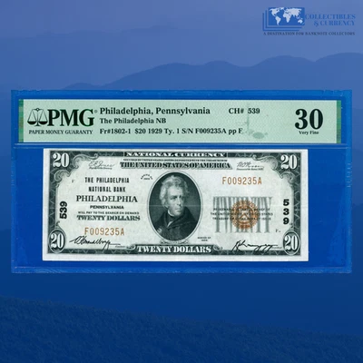 1929 $20 The Philadelphia National Bank, Charter #539, PMG 30 - Image 1 of 3