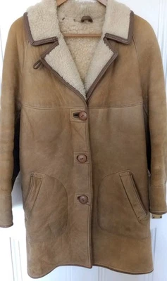 Vtg HeaTona Real Sheepskin Womens Coat UK 14 Made in England 1970s Tan Cream Gd - Image 1 of 4