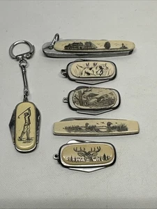 Lot of 6 Faux Scrimshaw Folding Pocket Knife Knives Ducks Hunting Golf Ships - Picture 1 of 5