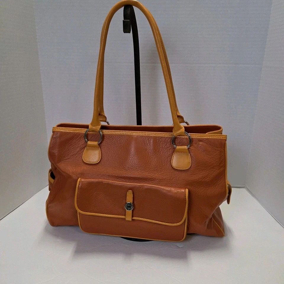 FRANKLIN COVEY Large 2 Toned Orange Full Grain Leather Organizer Satchel Purse  - Image 1 of 4