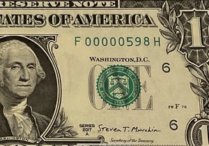 2017 A $1 LOW 3 DIGIT SERIAL NUMBER (( 00000 598 )) US paper money currency - Picture 1 of 3
