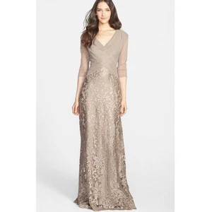 Tadashi Shoji Embroidered Gold Sequin Lace Bodice Illusion Dress Gown Sz 4 - Picture 1 of 14