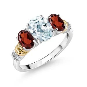 925 Sterling Silver and 10K Yellow Gold Aquamarine Garnet and Diamond 3 Stone - Picture 1 of 3