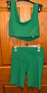 WILO the label Activewear SET Small green Ribbed Bra Top Shorts Ruched Sides - Picture 1 of 9