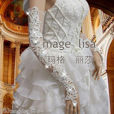 Nueva Llegada Flor Encaje Largo Sin Dedos Guantes de Novia con Chispeantes Estrás Foto 1 de 4