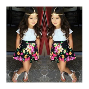 2PCS Baby Girls Dress Long Sleeve T-shirt + Floral Skirt Set Kids Summer Outfits - Picture 1 of 7