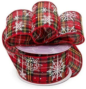 Snowflake Plaid Wired Christmas Ribbon - 2 1/2" x 10 Yards, Red Tartan, Wreath - Picture 1 of 1